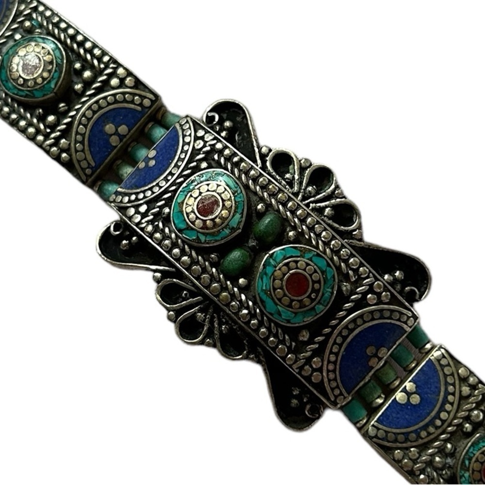 NEW Handmade Tibetan Silver with Genuine Lapis, Turquoise & Coral Bracelet. - Picture 5 of 8
